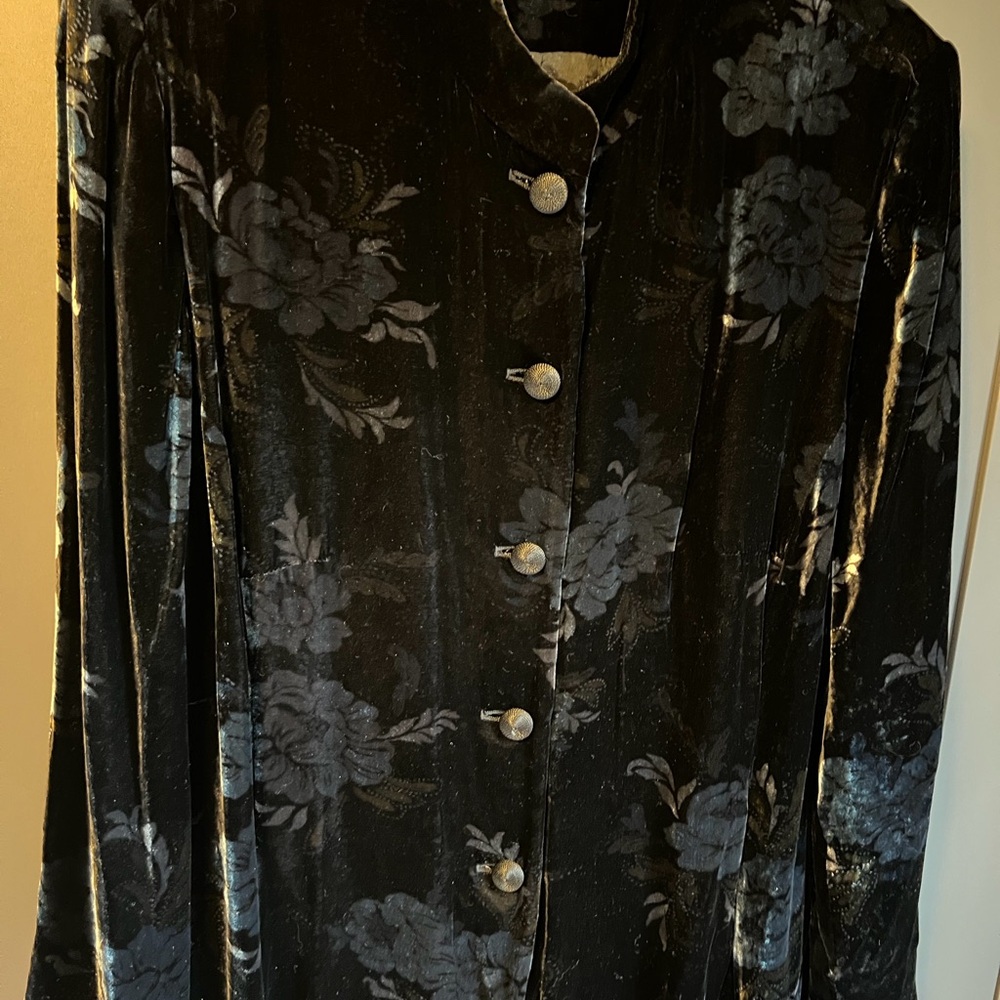 Black Floral Velvet Button-Up Coat